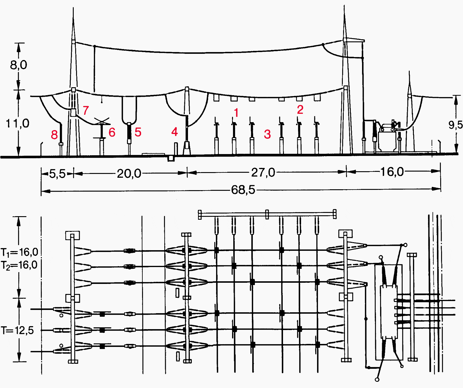 245 kV outdoor switchyard with double busbars, diagonal layout, busbars below, single-row arrangement