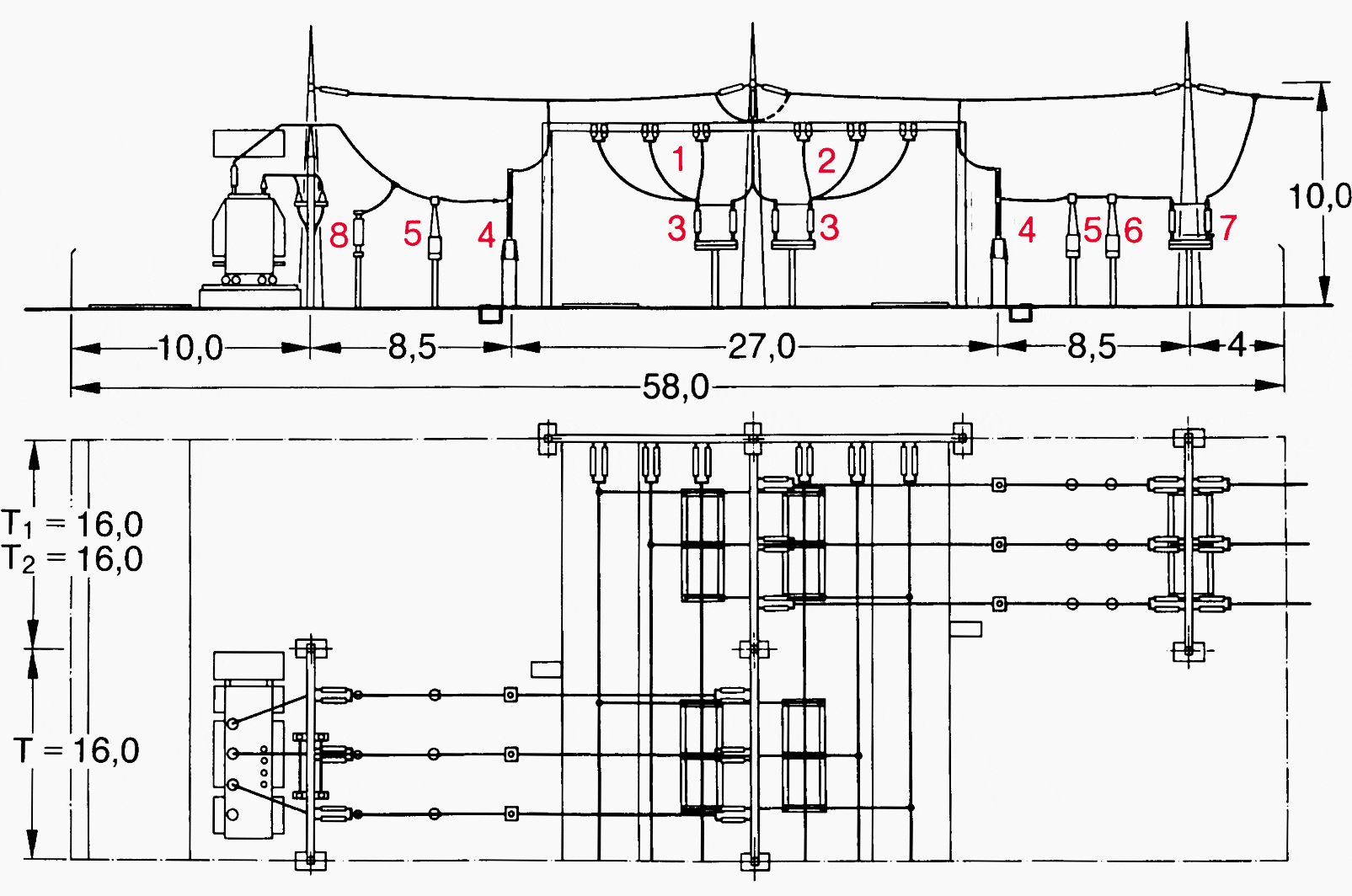 245 kV outdoor switchyard with double busbars, low-rise (classical) layout