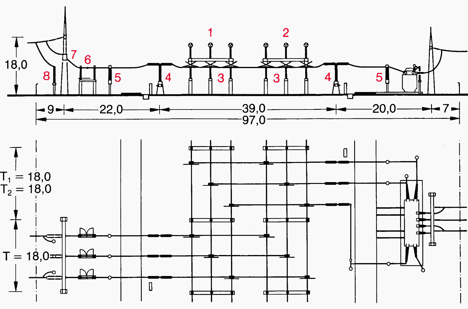 420 kV outdoor switchyard with double busbars of tubular type, diagonal layout, busbars above