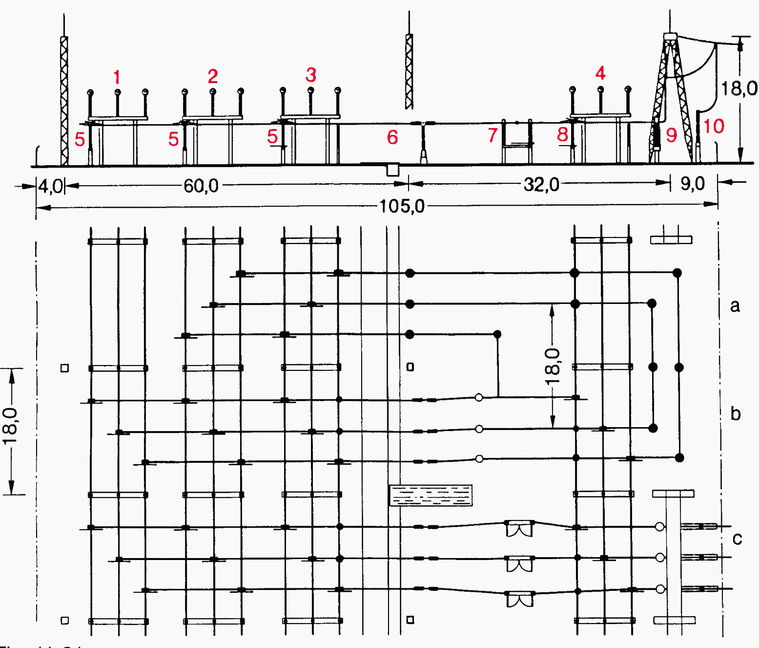 420 kV outdoor switchyard with tubular conductors, triple busbars and bypass bus, diagonal layout, single-row arrangement