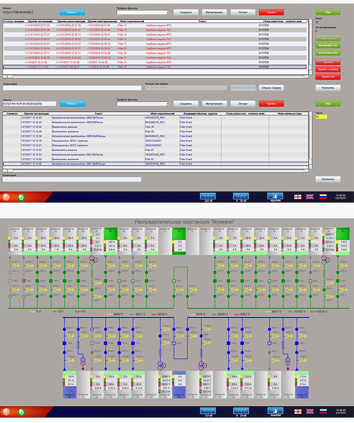 The screen of substation SCADA showing alarms and events