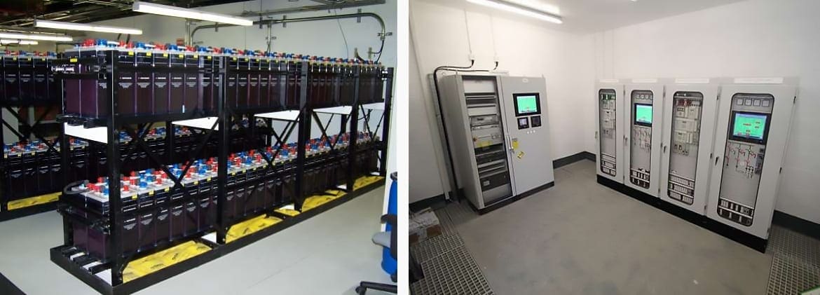 Left: Battery room; right: Battery chargers
